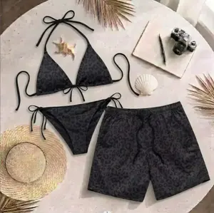 Black Leopard Matching Couples Swimwear Set with Animal Pattern Graphics Adjustable Womens Tie Side Thong Bikini & Mens Beach Swim Shorts Hawaiian Style Summer Vacation Beachwear