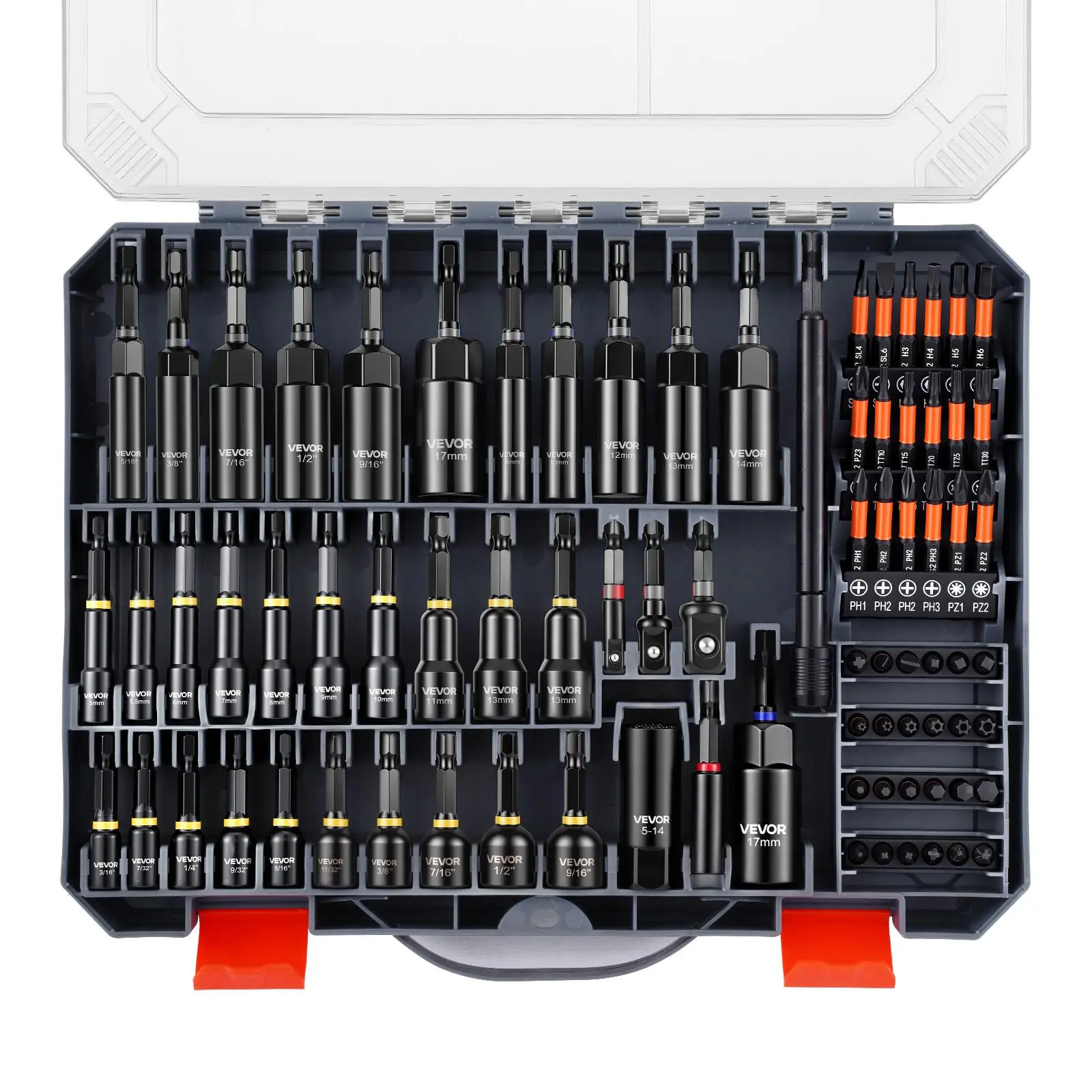 【summerfinds】VEVOR 80-Piece High Quality Hardware Multi Nut Driver Set - Metric & SAE Sizes, Socket Adapters, Bit Holder, Wing Nut Driver, Universal Sockets, Quick Release Extension, Power Bits, Storage Box - Durable Work Tools for Appliance Installation,
