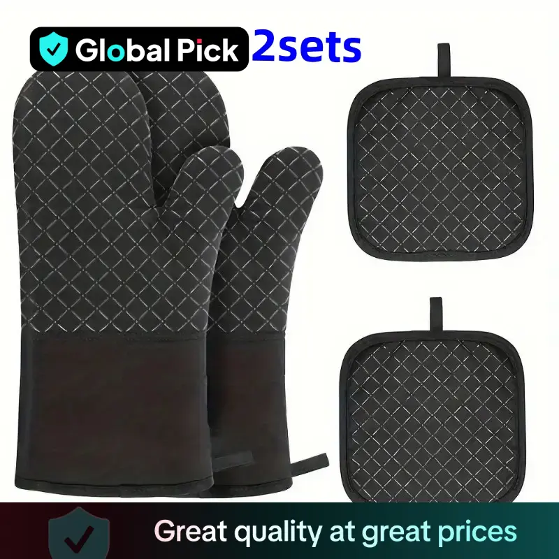 Silicone Heat Insulated Oven Mitts & Pot Holders Set (4 Counts/set), 2 Counts Non-slip Heat Resistant Oven Gloves & 2 Counts Insulation Pads for Kitch