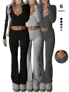 Women 2 pieces Lounge Sets Outfit Long Sleeve V Neck Tops Fold Over Flared Leggings