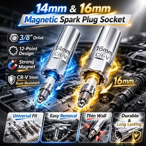 14mm & 16mm Magnetic Spark Plug Socket Set, 3/8" Drive Thin Wall 12-Point, CR-V Steel Spark Plug Removal Tool for Car Repair