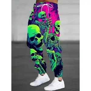 Psychedelic Skull Graphic Jogger Pants - Men's Allover Drawstring Elastic Waist Outdoor Trousers