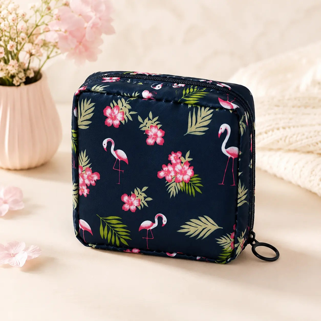 Sanitary Pad Storage Bag, Portable Menstrual Product Organizer, Small Zippered Pouch for Outdoor Travel, Must-Have Household Organizer Dark Blue Flamingo