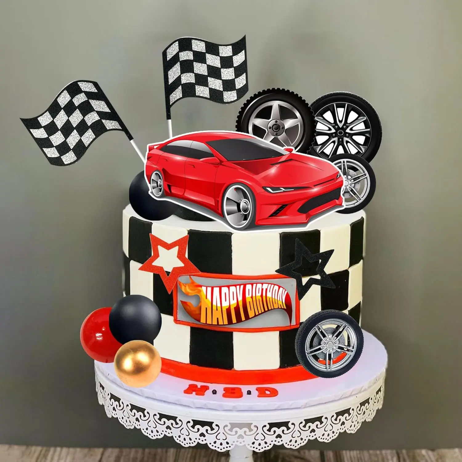 27 Piece Racing Theme Cake Decorations, Ornaments, Cake Decorating Supplies, Tire and Wheel Cake Toppers, Perfect for Baby Shower or Race Car Birthday Party