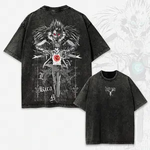 Men's Death Note Ryuk & Light Graphic Short-Sleeve T-Shirt - Distressed Vintage Oversized Round Neck Casual Anime Streetwear Top, Good Graphic Tees, Father's Day Gift Menswear Tshirt Tropical Crewneck Shortsleeve
