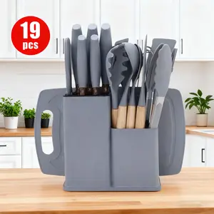 L Silicone Cookware Set with Storage Bucket - 19 Pieces, Colorful Knives with Wooden Handles, Kitchen Utensils for Cutting Vegetables and Meat with Chopping Board Set