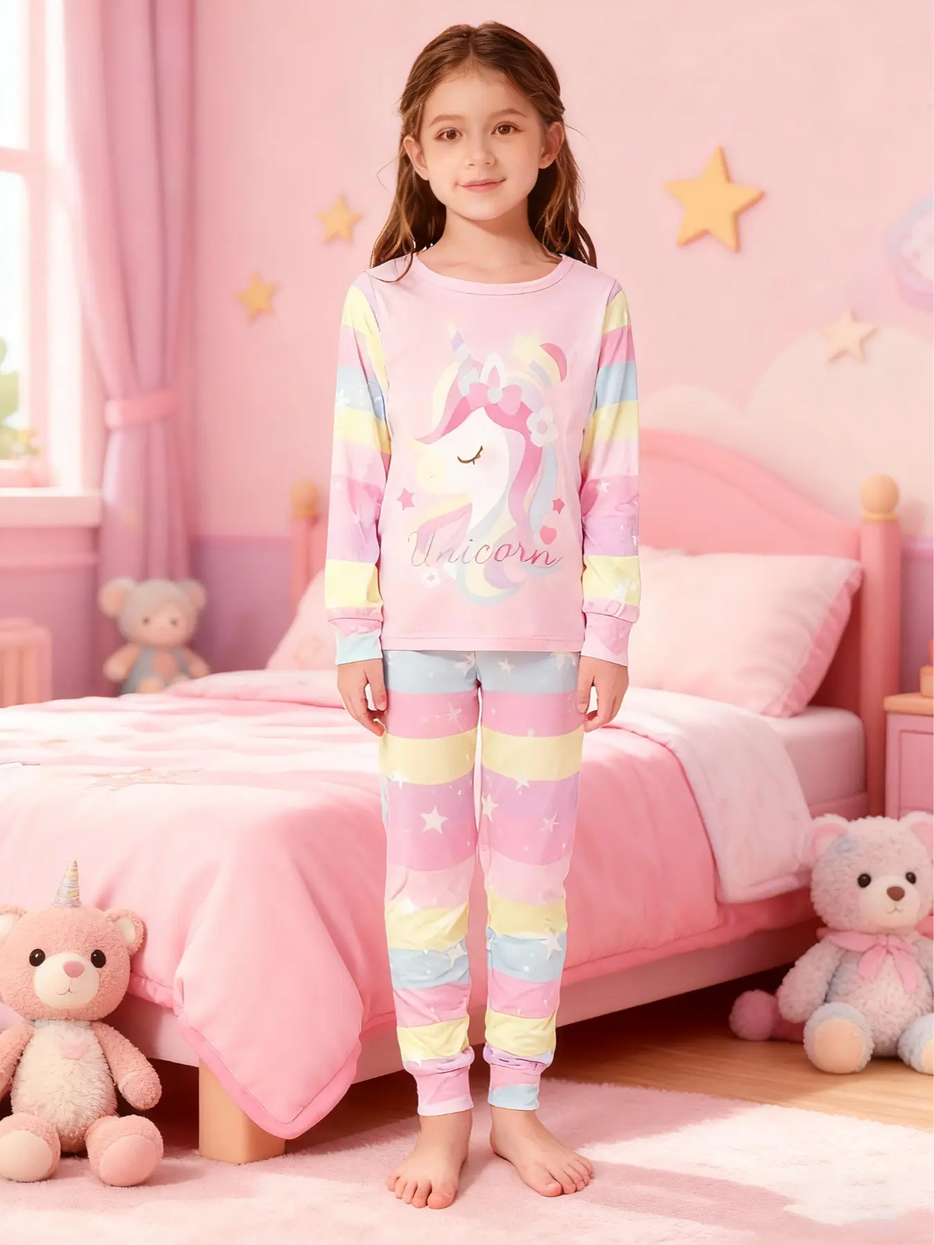 Girls' 2-Piece Cartoon Colorful Pony Print Sleepwear Set, Spring & Fall Thin Round Neck Long Sleeve Pajamas, Cute Fitted Homeewear, Matching Pajama Set