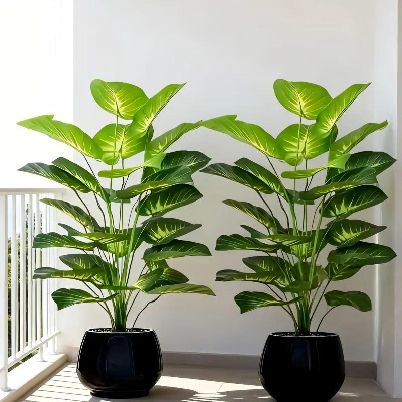 2pcs of Large Nordic Green Plant Potted Artificial Trees,Money Plant Leaves,Green Broadleaf Tropical Rainforest Decorative Trees