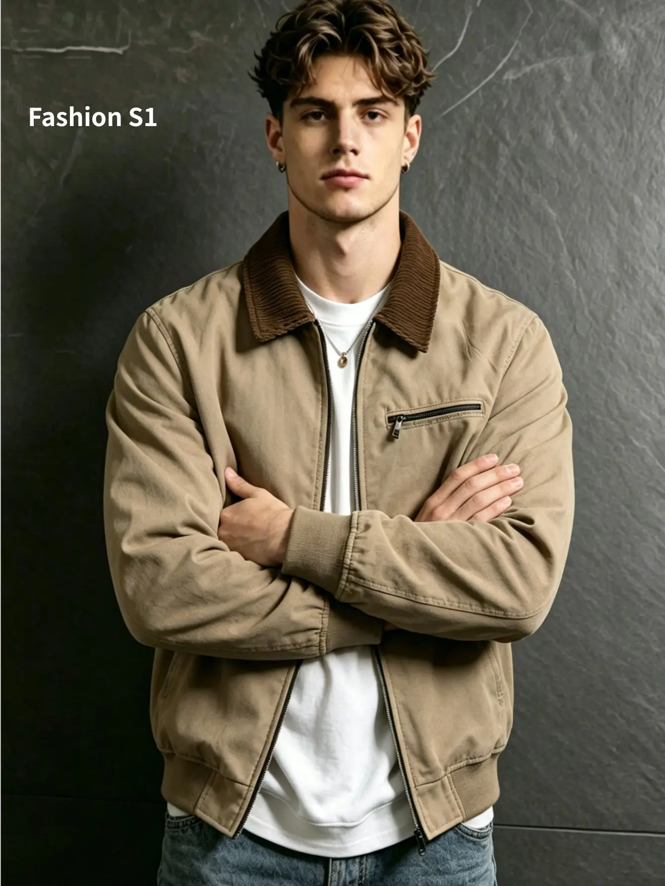 Men's Coats Vintage Workwear Jacket with Turn-Down Collar, Loose Fit Zip-Up Outerwear with a Worn Look, Plain Long Sleeve Commuter Tops, Menswear, Longsleeves, Baggy, Retro Style, Classic, Stylish