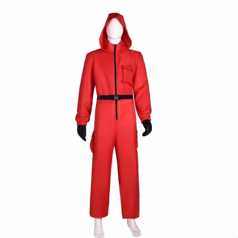Halloween Calamari Game Guard Cosplay Costume Red Jumpsuit Outfit Adult KidsTeenagers Tracksuit Hooded Overall Gloves mask Set Halloween Calamari Game Guard Cosplay Costume Red Jumpsuit Outfit Adult KidsTeenagers Tracksuit Hooded Overall Gloves mask Set