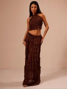 Women's Leopard Print Chiffon Two-piece Set, Fashion Casual Crop Halter Neck Top & Long Skirt for Daily Outdoor Wear, Ladies Clothes for All Seasons
