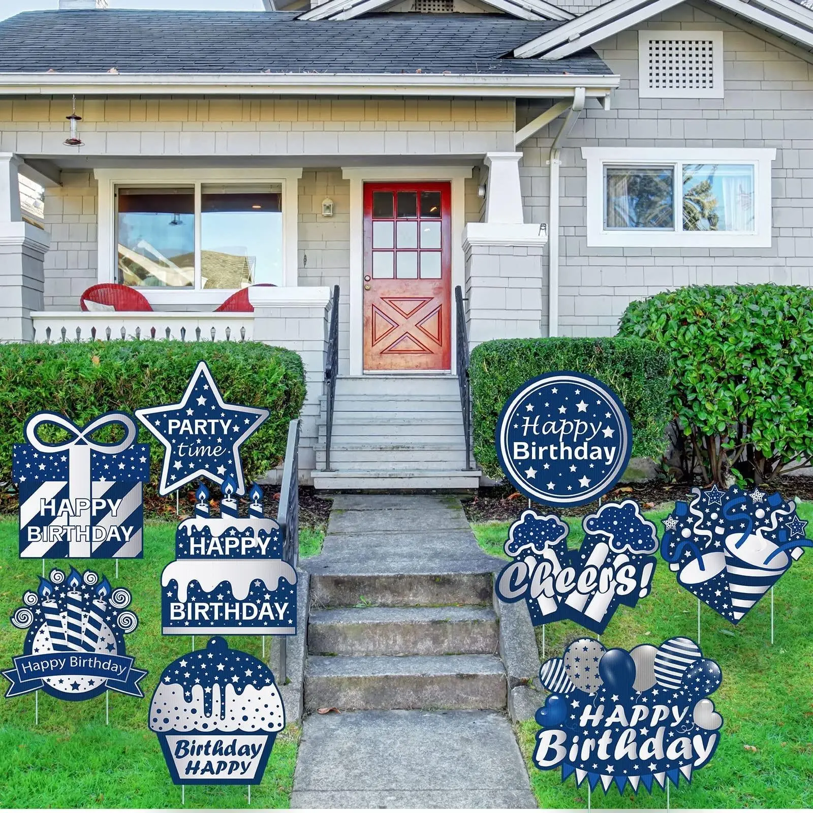 Colorful 9 Pcs Happy Birthday Yard Signs with Stakes, Waterproof Corrugated Plastic Outdoor Lawn Decorations for Party Supplies, Birthday Sign with Balloons, Cake, Gift Box for Garden and Yard Celebrations