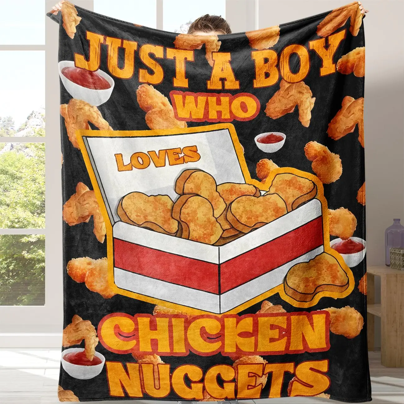 Chicken Nugget Pattern Blanket, 1 Count Just A Boy Who Loves Chicken Nuggets Letter Print Soft Warm Nap Throw Blanket, Portable Blanket  for Home Office Travel Camping