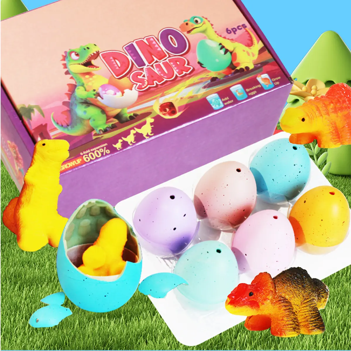 Dinosaur Eggs Set, 6-Pack Hatching Growing Surprise Capsule Toys with Figurines, Kids’ Easter Basket Stuffers, Birthday Party Favors