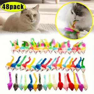 48Pcs Assorted Mice Cat Toys Furry Rattle Mouse Kitten Toy Mini Mice for Indoor Cats Interactive Play