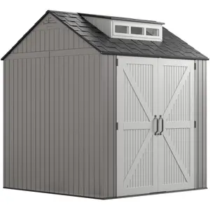 Rubbermaid Resin Outdoor Storage Shed With Floor (7 x 7 Ft), Weather Resistant, Gray, Organization for Home/Backyard/Garden Tools/Lawn Mower/Bike Storage/Pool Supplies