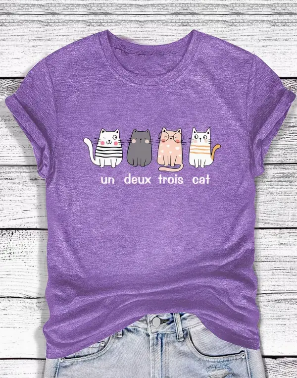 Un Deux Trois Cat Cute French Cartoon Kittens Print Purple Crew Neck Casual Short Sleeve Cat Lover Graphic T-Shirt