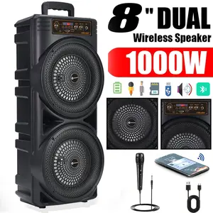 Outdoor Portable Bluetooth Speaker, Dual 8.5-inch High-Quality Subwoofer System. Supports AUX, USB, FM & Wired Microphone Audio Inputs. Rechargeable Built-in Battery Speaker with LED Lights + Wired Microphone Included. Ideal Holiday & Festival Gift