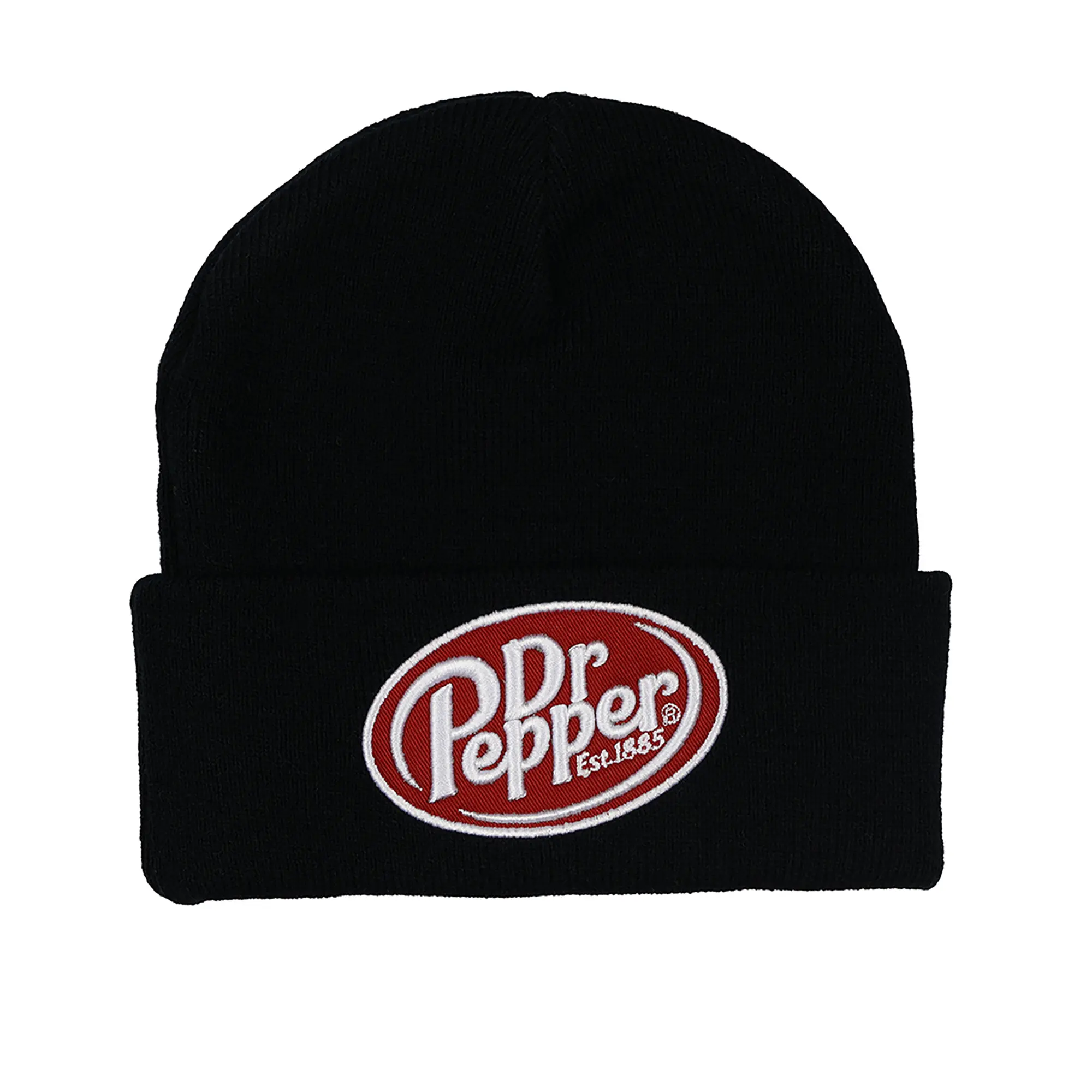 Dr Pepper Soda Pop Beanie Black Knit Fold Cuff Hat Skull Cap with Embroidered Logo OSFM Adult, Beanies