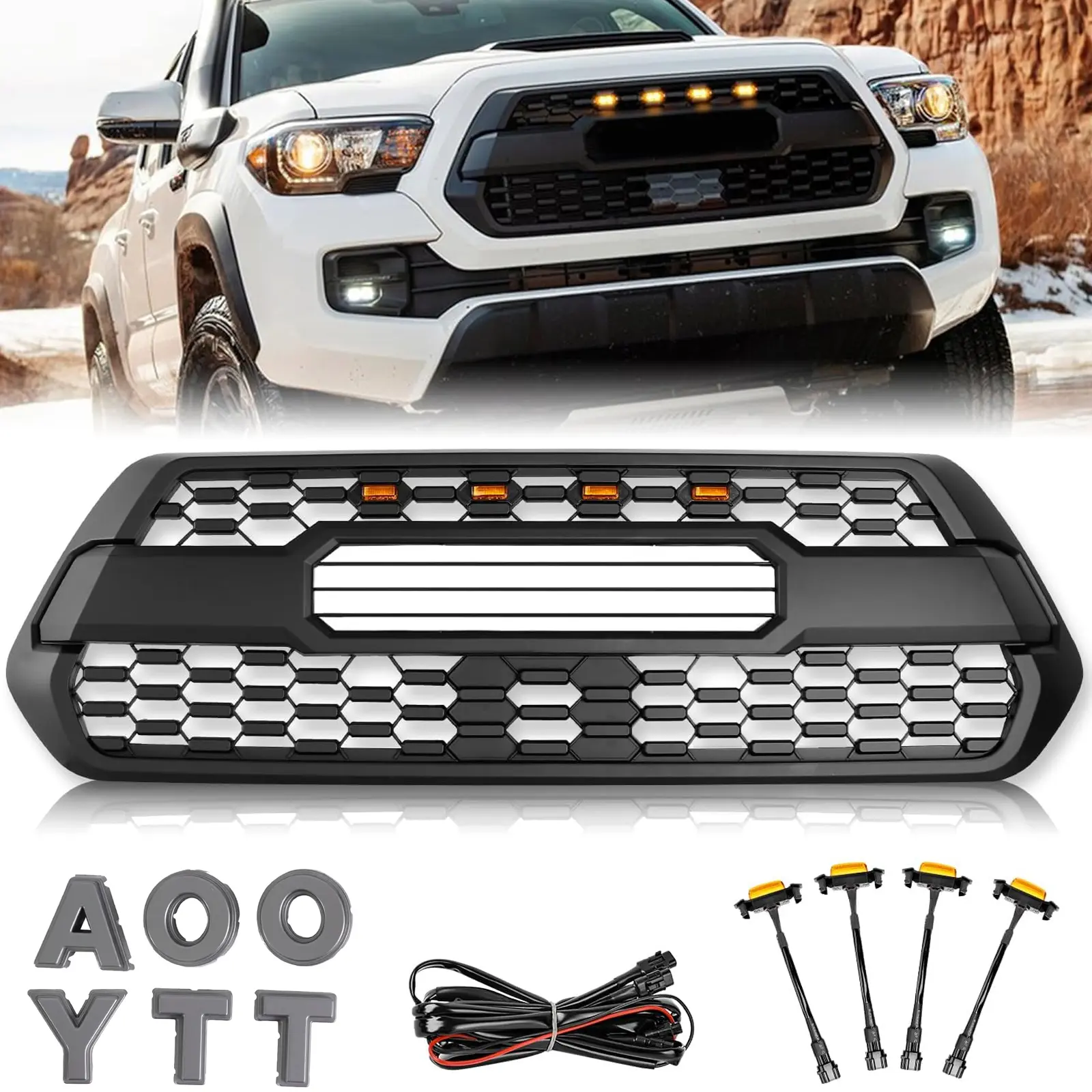 Matte Black ABS Front Grill Kit for 2016-2023 Tacoma Vehicle (SR, SR5, Off-Road, Sport Trucks) - Truck Accessories with 4 Amber LED Lights, Road-Ready LED Daytime Running Lights, Easy Installation, Airflow Boost, Engine Cooling, Modern Decoration