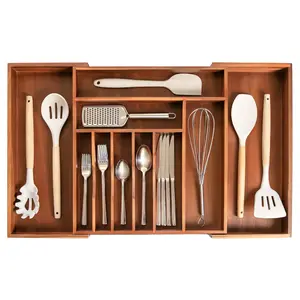 Adjustable Kitchen Drawer Organizer for Utensils and Junk, Food-Safe Contract Grade with 100% Sustainable Wood, Non-Slip, Expandable from 16" to 28" Wide - Natural Acacia