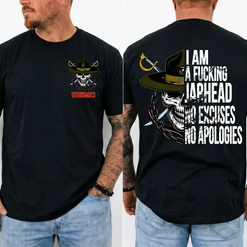 USMC Jarhead Skull T-Shirt – No Excuses No Apologies Vintage Marine Graphic Tee