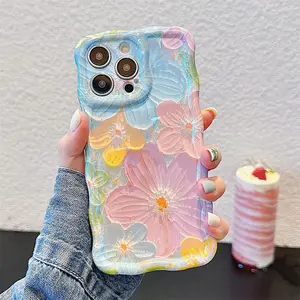 HISTORYOO Case for iPhone 17 Pro Max 16 15 14 13 12 11 Air, Colorful Retro Oil Painting Flower Cute Floral Aesthetic Curly Laser Glossy Reflective Exquisite Stylish Cover Girly Women Wave Frame Edge Exquisite Stylish Durable TPU Protective Phone Case