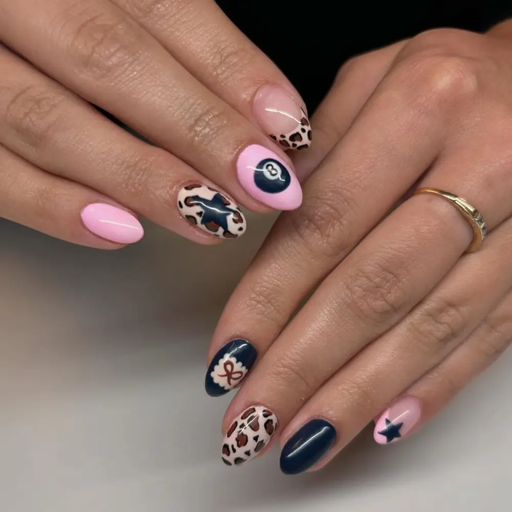 24pcs Short Oval Leopard Print French Butterfly Knot Star Fake Nails Set, Decorative Nails, Nail Art Design, Diy Nail Art, Acrylic Press-On Nails Kit with Jelly Glue & Nail File