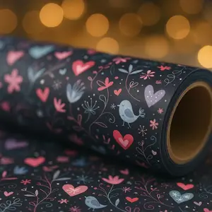Elegant Gift Wrapping Paper Roll, 43 x 300 cm Large Roll, Heart Bird and Floral Design in Pastel Pink, Navy Blue, Black, White, Brown for Wedding, Birthday, Valentine‘s,Valentine‘s Day, Bulk Giftwrap for Scrapbooking, Gift Wrapping Supplies