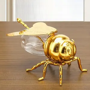 Honey Jar with Spoon & Lid, 1 Count European Classic Style Honey Bee Shaped Glass Honey Jar, Elegant Kitchen Condiment Container, Bottles, Airtight Jars