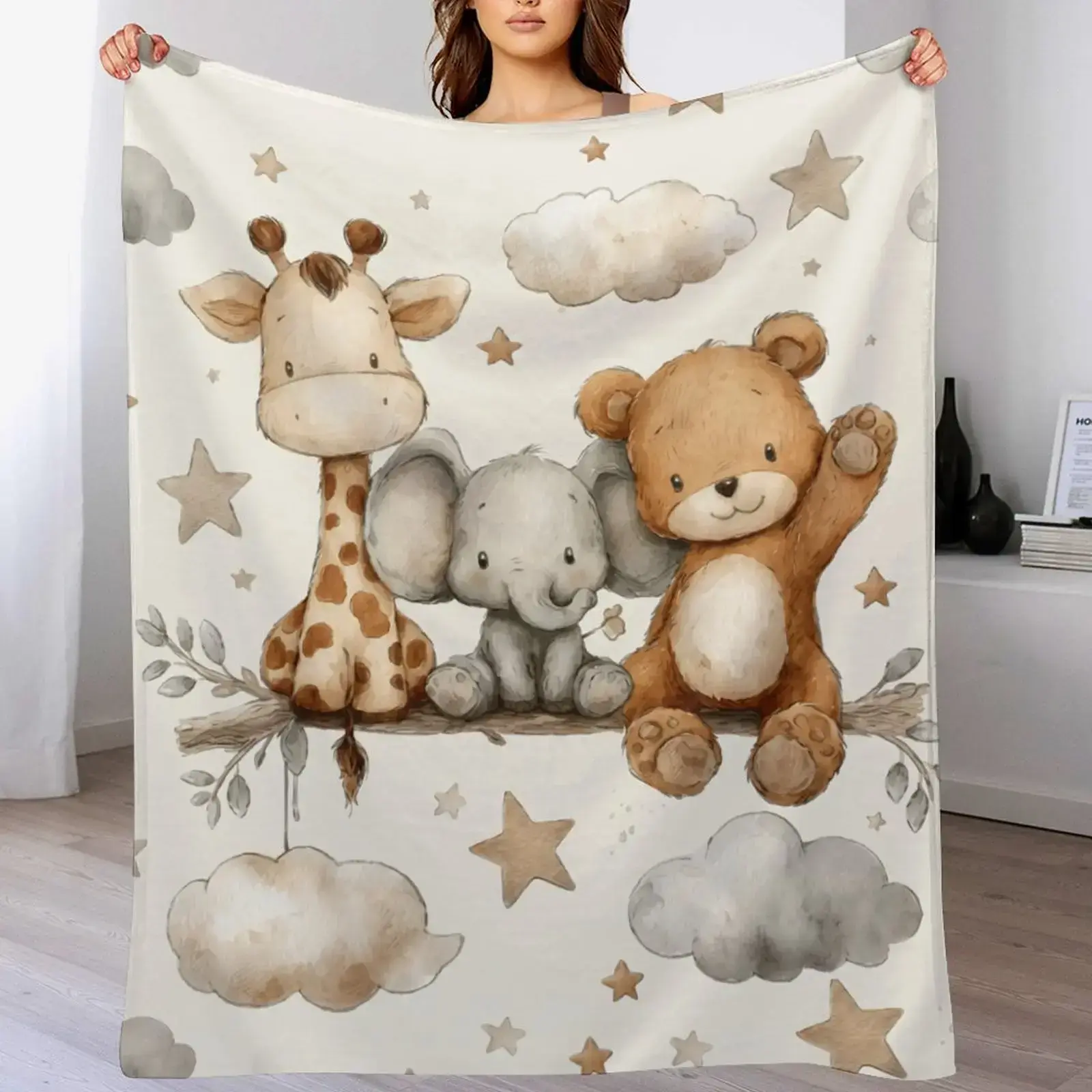 Snuggly Watercolor Safari Animal Baby Blanket - Soft Neutral Crib Throw with Giraffe , Snuggly Blankets, Fluffy Blanket, Cozy Warm Blanket