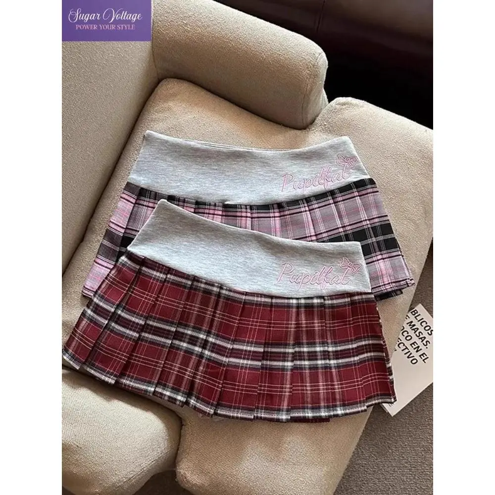 Y2K Preppy Style Plaid Print Patchwork Skirts Women's Summer High Waist Embroidery A Line Mini Skirt Korean Sweet Pleated Skirt