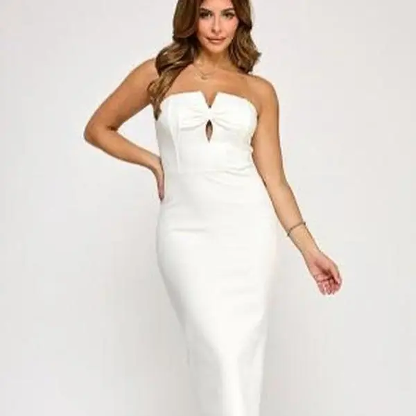 knee length dresses for ladies Strapless Midi Bodycon Dress with Scarf – KELINA main image 0