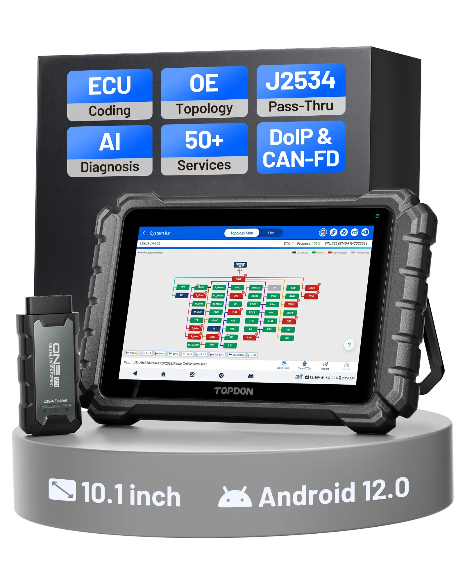TOPDON ONE 10.1" Bidirectional J2534 Pass-Thru, ECU Coding Full System Scan, 50+ Services TopFix AI, OE Topology Automotive Scan Tool OBD2 Scanner