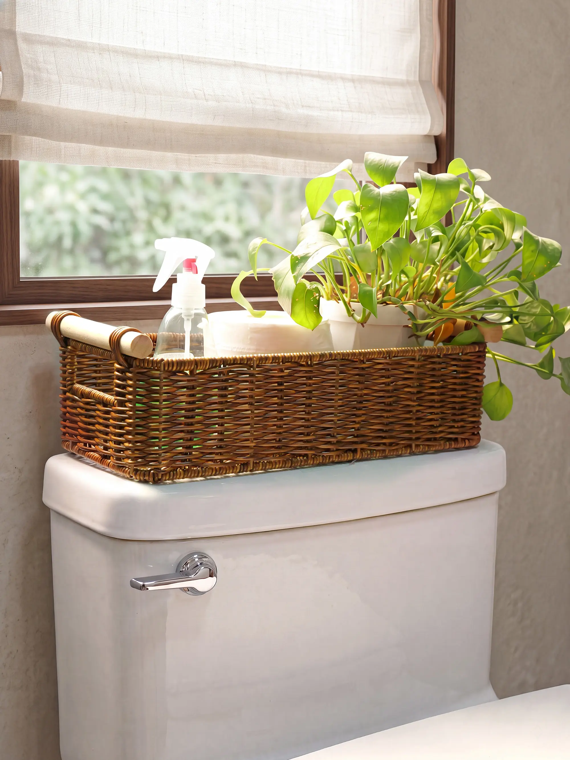 BROWNLILY Handwoven Wicker Toilet Tank Basket with Wooden Handles, Rectangular Bathroom Organizer Tray for Toilet Paper, Towels and Toiletries, Vanity Counter and Shelf Storage, Faux Rattan