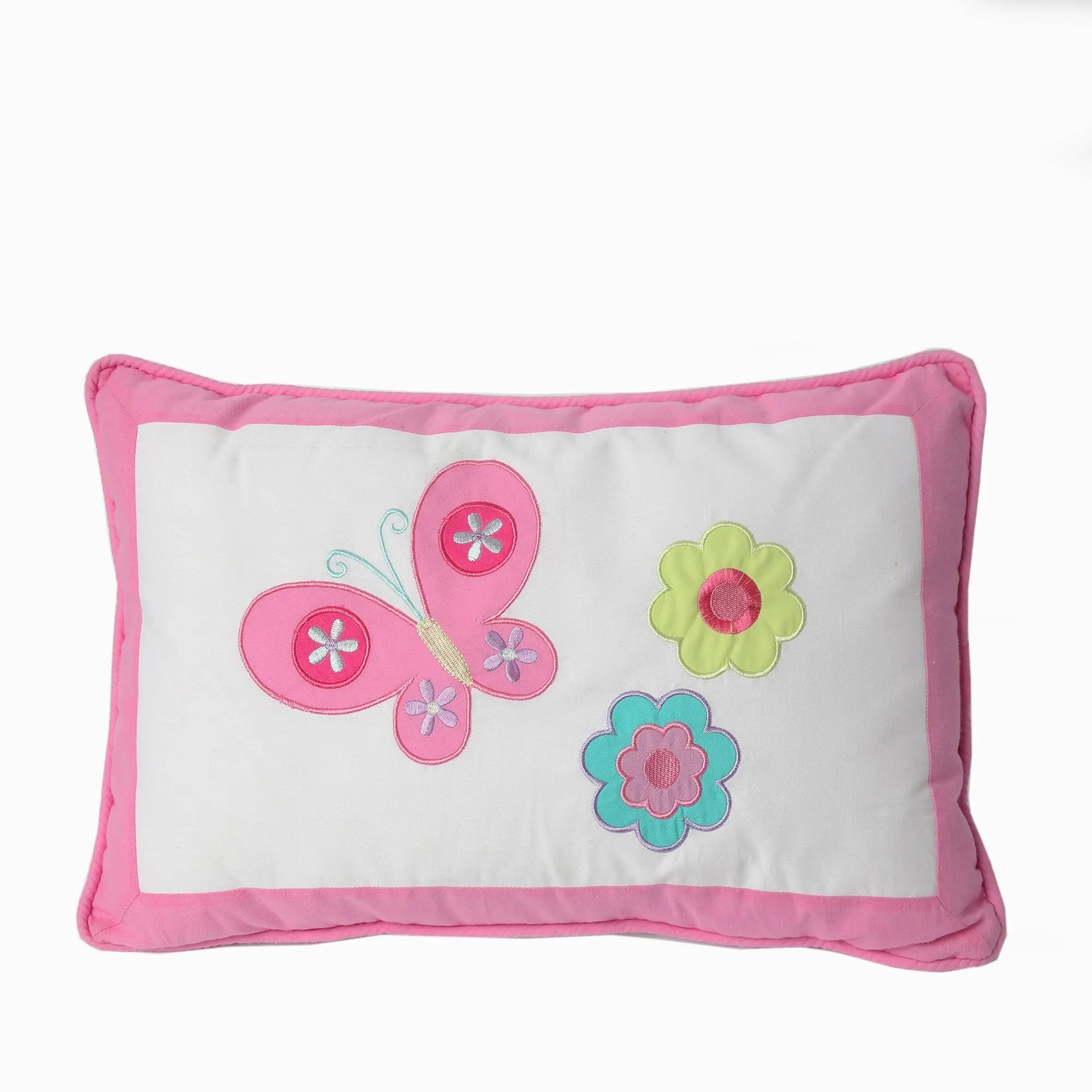 100% Cotton Single Decorative Cushion - Rectangular Pink Embroidered Pillow with Butterfly Detail & Floral Wings, Whimsical Room Decor Indoor Soft Furnishing