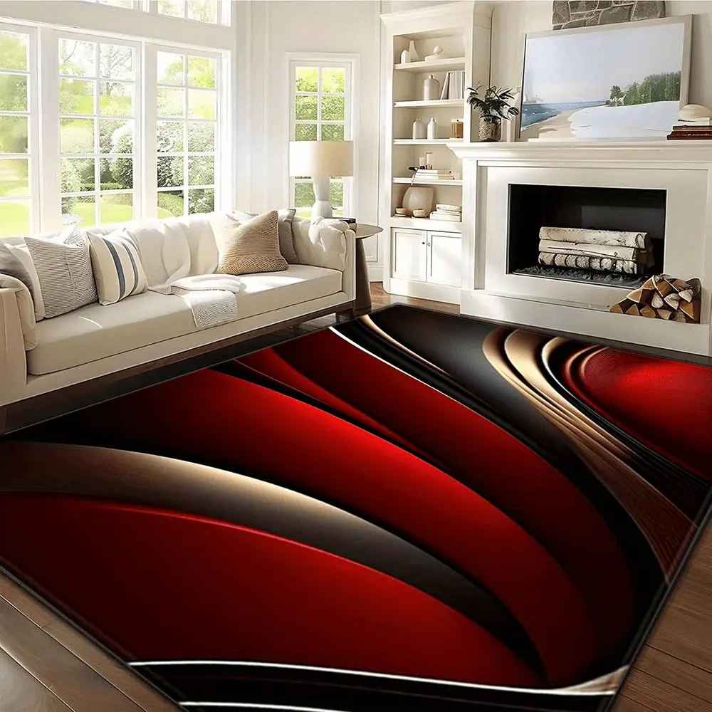 1pc Modern Abstract Area Rug - Summer Red & Golden Flowing Lines Design, Soft, Absorbent, Non-Slip, Washable, Durable, Quick-Drying, Easy-to-Maintain, Suitable for Entryways, Living Rooms, Modern Abstract Rug