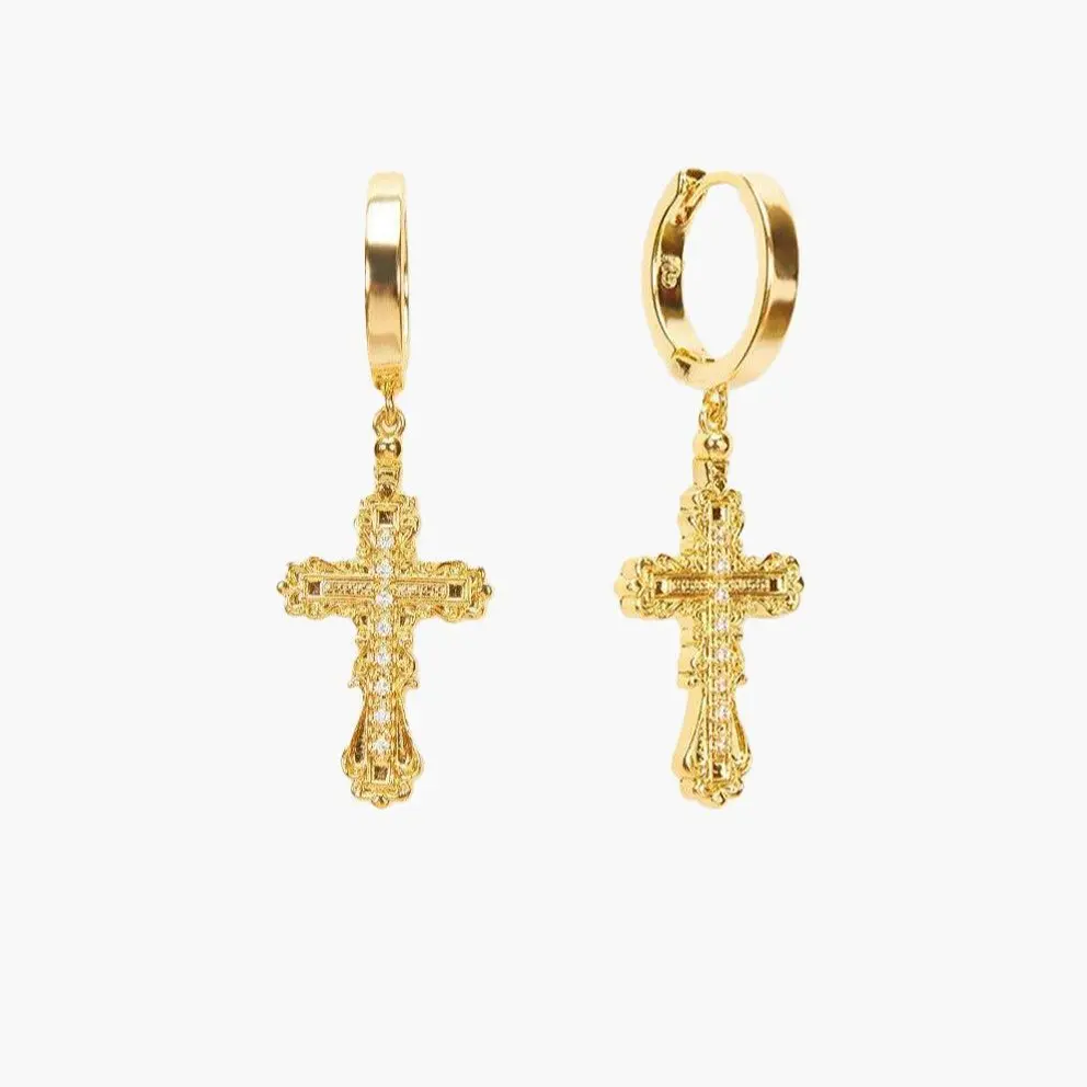 en route 18K Gold Plated Everette Cross Earrings in Gold, Pearl Cross Celestial Design, Versatile Piece for Layered Looks, Matching with Necklace & Belly Ring Set