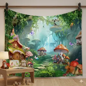 1pc Enchanting Fairy Garden Party Banner - Whimsical Mushroom House & Lush Greenery Design, Vibrant Polyester Photo Backdrop for Juneteenth, Mother’s Day, Father’s Day, Graduation - Home Wall Decor, Garden Party Supplies, Magical Forest Theme