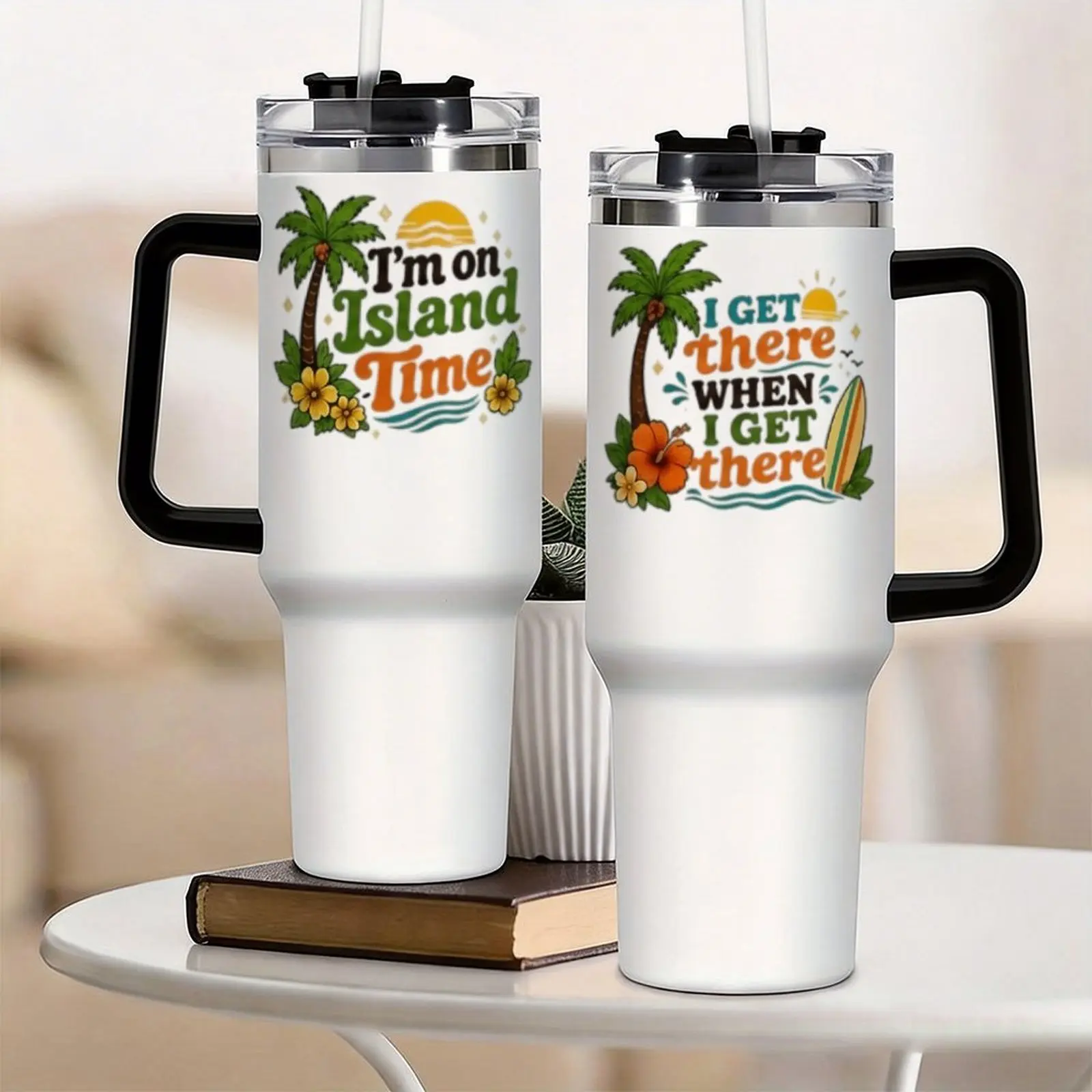 Vintage Tropical Beach Ceramic Coffee Mug Set - 1,000-2,000 ml Heat Resistant Cups with Lid, Palm Trees Hibiscus Sunset Surfboard Designs, "I Get There When I Get There" & "I'm On Island Time" Prints, Hawaii Slow Living Souvenir Gift for Beach Lovers