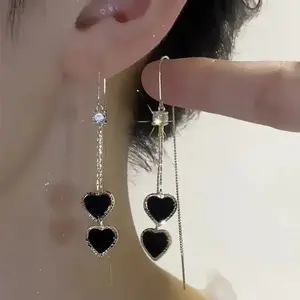 LisiZen Sexy Black Heart Long Tassel Earrings for Women New Trendy Light Luxury Super Fairy Ear Threads Popular Ear Accessories DZEH4898