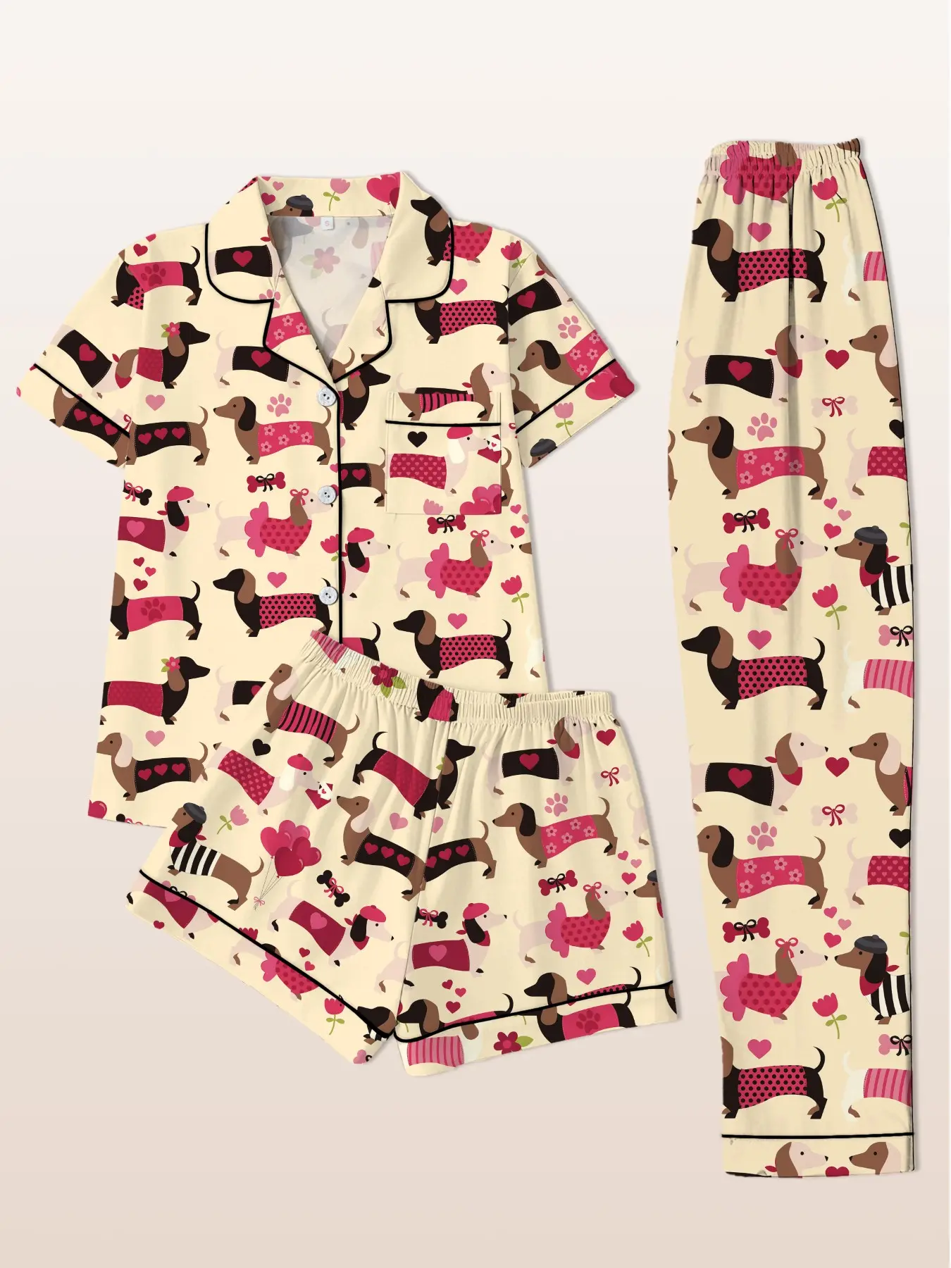 Women's Sleepwear Set, Loungewear, Pajama Set, Short Sleeve Cardigan Top + Shorts + Long Pants, Colorful Sausage Dog Print, Casual Fitted, All Seasons
