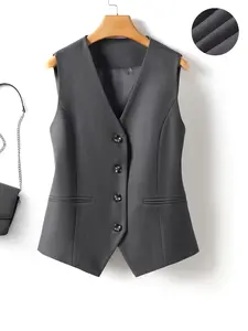 Women's Short V-Neck Single-Breasted Plain Vest, Spring & Fall Business Casual Layered Wear, Fashion Slim Fit Outerwear Jacket
