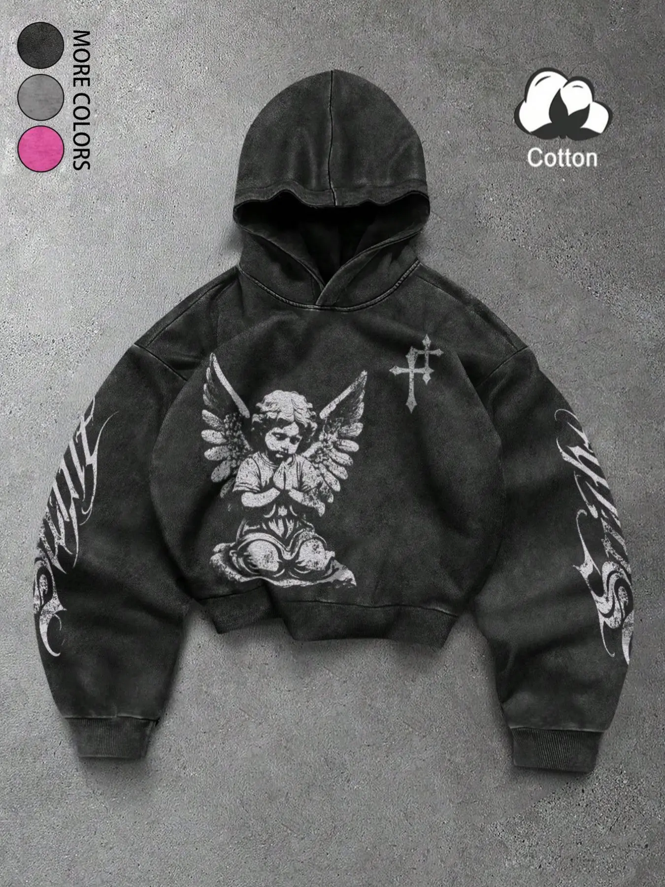 Unisex style. High-quality, spring and autumn-season trendy Loose Hooded Sweatshirt with an angelic prayer pattern print, Graphic Hoodies. Suitable for streetwear and American retro styles, Y2K fashion, stylish and casual, campus, hip-hop style.
