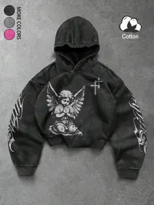 Unisex style. High-quality, spring and autumn-season trendy Loose Hooded Sweatshirt with an angelic prayer pattern print, Graphic Hoodies. Suitable for streetwear and American retro styles, Y2K fashion, stylish and casual, campus, hip-hop style.