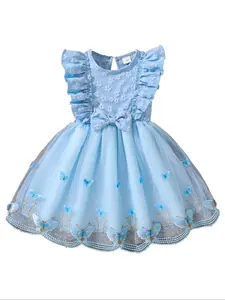 Girl's Butterfly Pattern Bow Decor Dress, Cute Round Neck Dress for Summer, Kids Clothes for Daily Wear, Summer Cute Dresses
