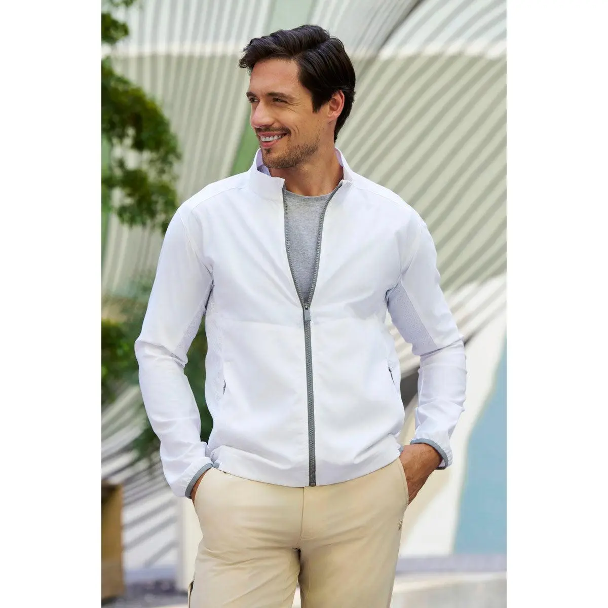 Arcadian Men's Packable Jacket - White Tops Garment with Grid Fabric and Sturdy Hem