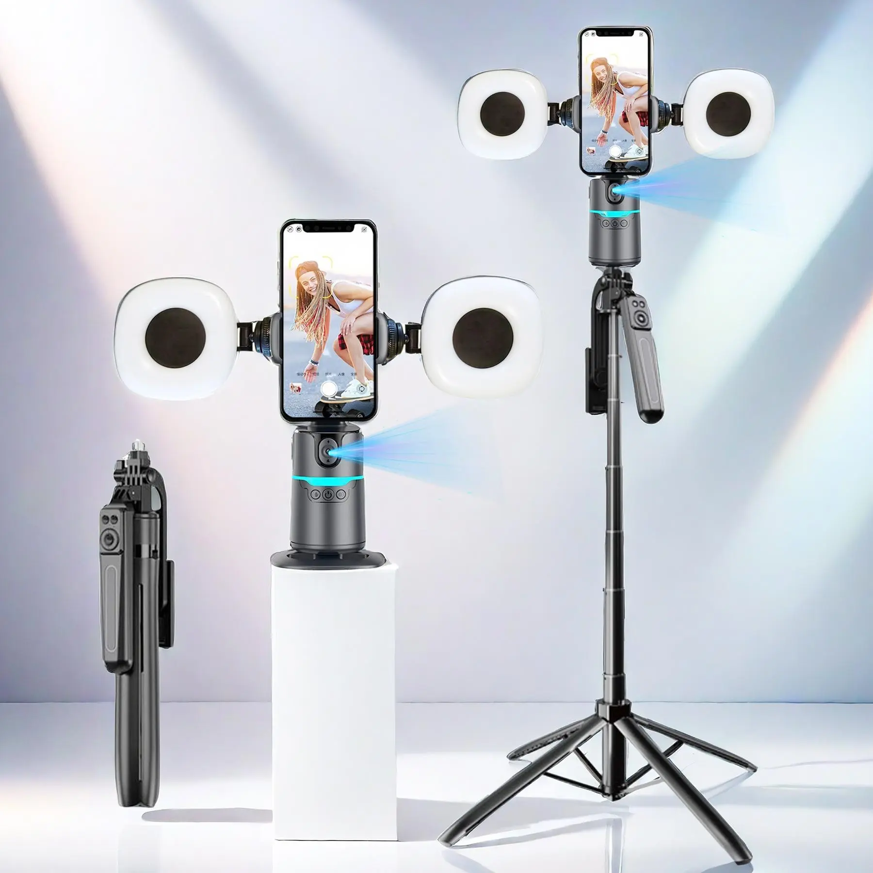 360-Degree Rotatable Face Tracking Smart Selfie Stick Gimbal, Portable Foldable Phone Stabilizer with 2 Fill Light & Tripod, Selfie Accessories for Video Recording, Folding, Camera Stabilizer