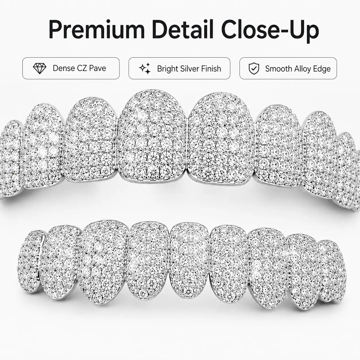 Iced Out Silver Dense CZ Inlay Paved Surface Teeth Grillz - Top & Bottom 8-Teeth Hip Hop Body Jewelry, Easy On/Off Party Wear for Stage Performances, Hip Hop Look
