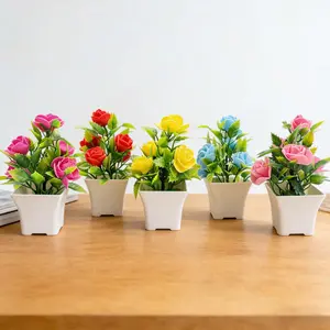 5 Pack Small Fake Plants Mini Artificial Faux Plants with Rose Flowers Artificial Potted Plant for Home Room Farmhouse Bathroom Decor Indoor